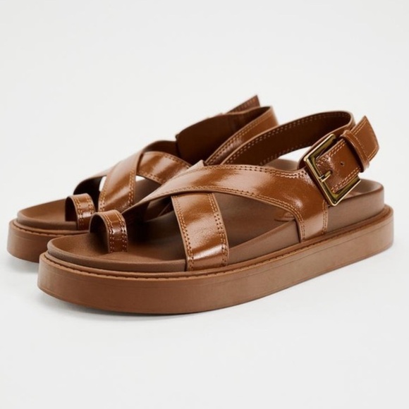 Zara Tan Leather Cross-Strap Sandals - Picture 1 of 9